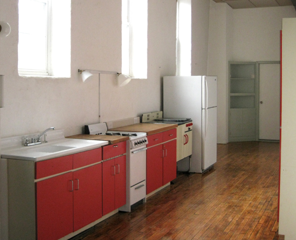 Photograph showing the butcher block counters in the loftss kitchen
